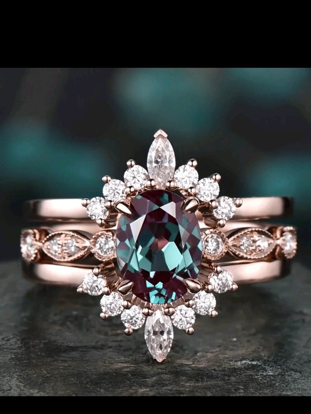 Rose Gold Alexandrite Halo Ring with Diamond Accents
